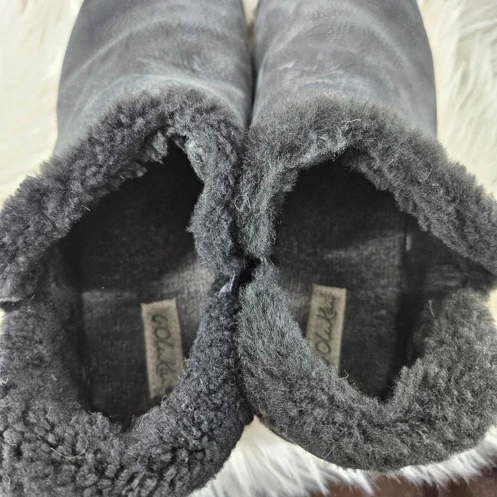 Olukai Chelsea Booties Womens 11 Black Leather Faux Fur Slip‎ On Comfort Kamau